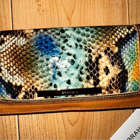 NWT Brahmin Mineral Blue Python Snake Print Carmel Leather Wallet NEW - Picture 2 of 8